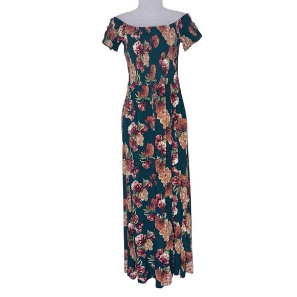 XHILARATION Women’s Dark Green Floral Off Shoulder Maxi Dress Slit and Pockets - Picture 1 of 8